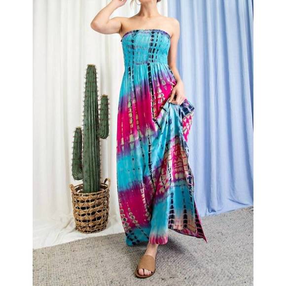 NEW EE:SOME tie dye strapless smocked maxi dress in multi - Picture 1 of 3